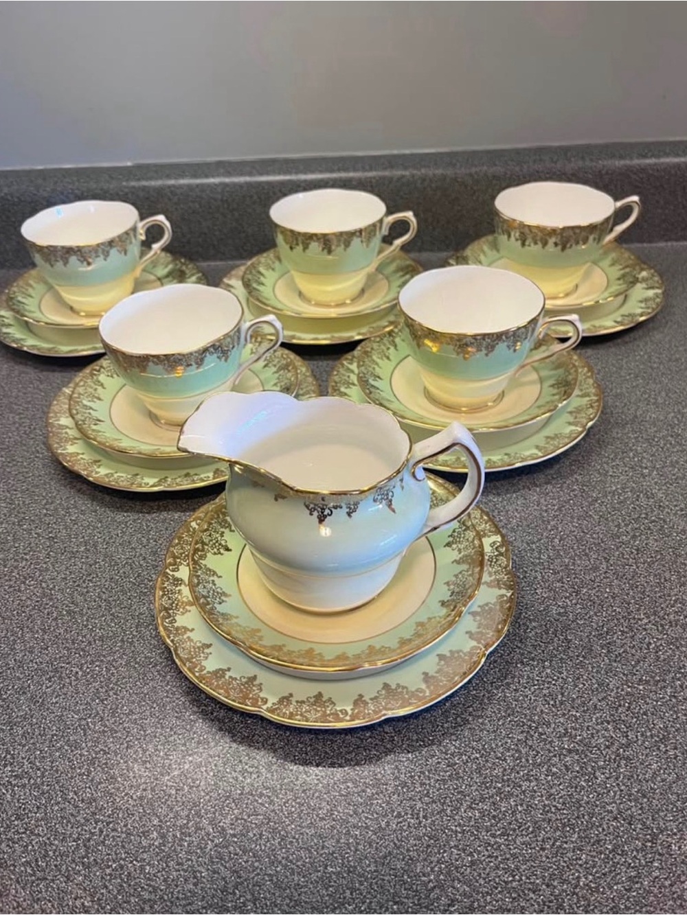 Elegant Mint Green and Gold Porcelain Tea Cup and Saucer Set - 6pc